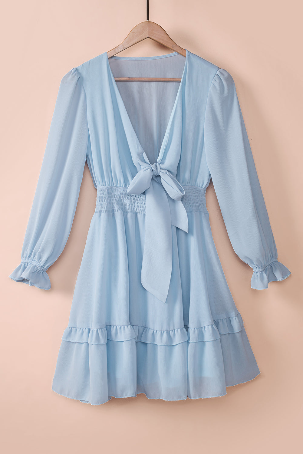 Tied Plunge Smocked Waist Flounce Sleeve Dress - The Goddess Galleries