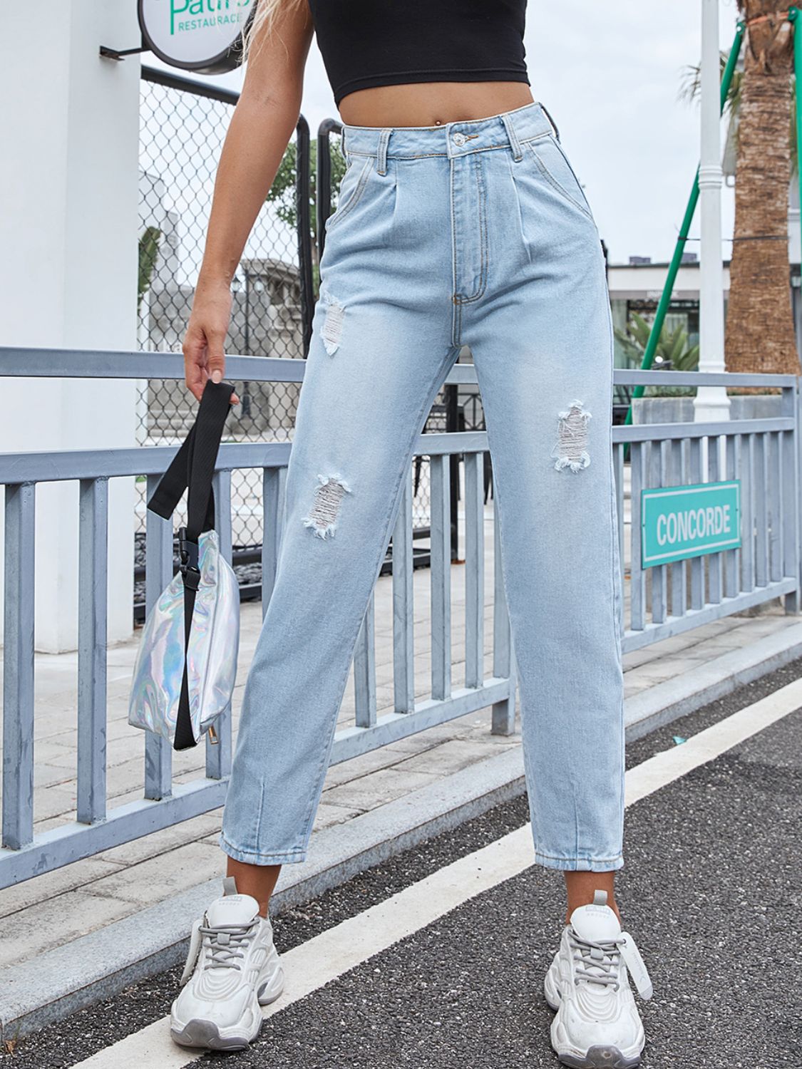 Distressed Straight Jeans with Pockets - The Goddess Galleries