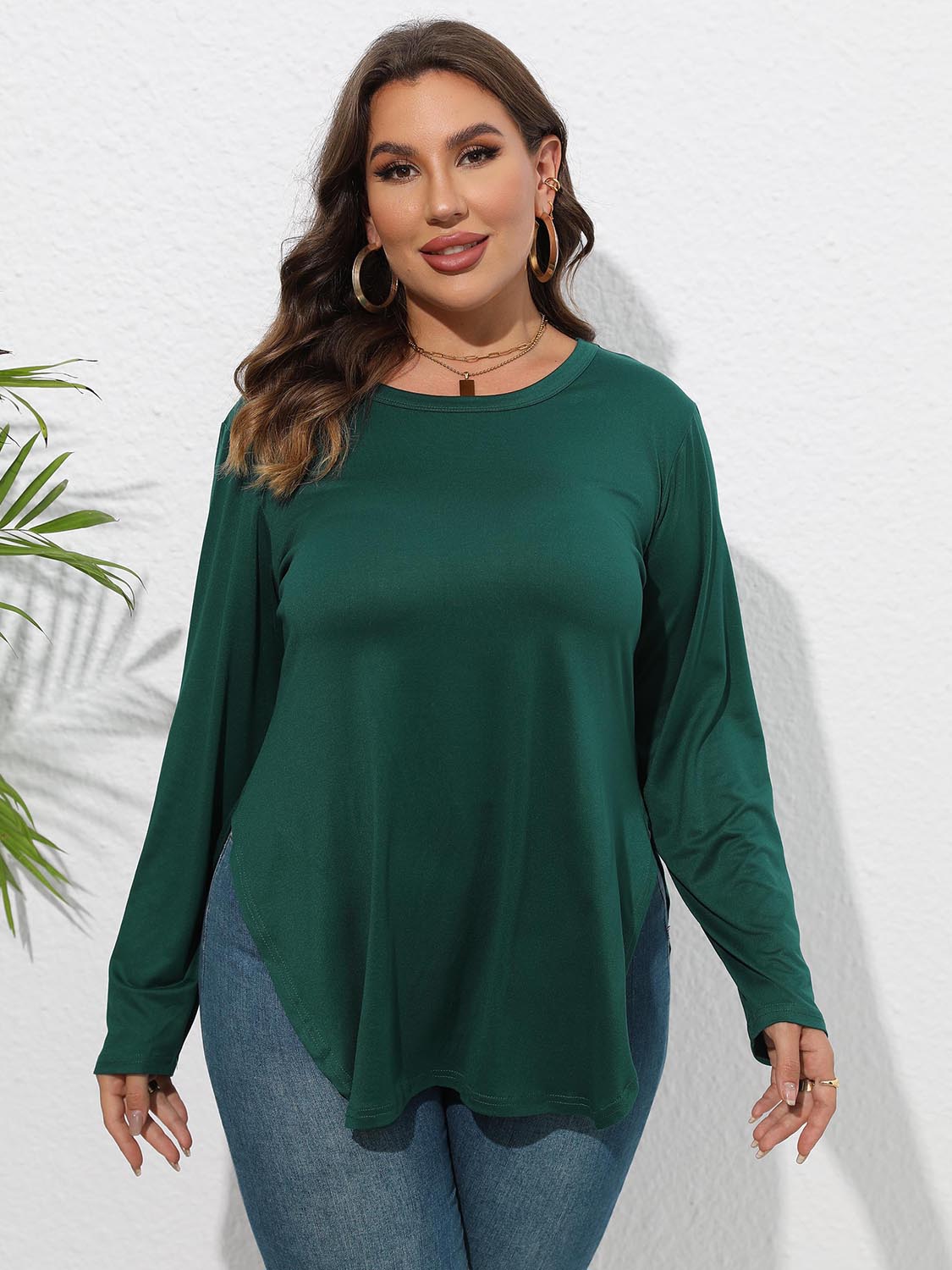 Plus Size Round Neck Long Sleeve Slit T-Shirt - The Goddess Galleries