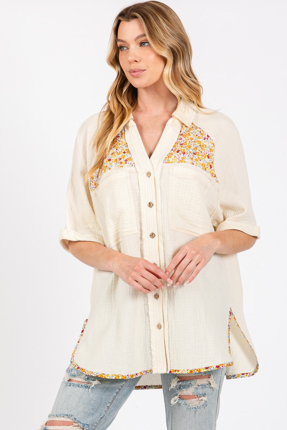 SAGE + FIG Full Size Floral Detail Button Up Short Sleeve Shirt - The Goddess Galleries
