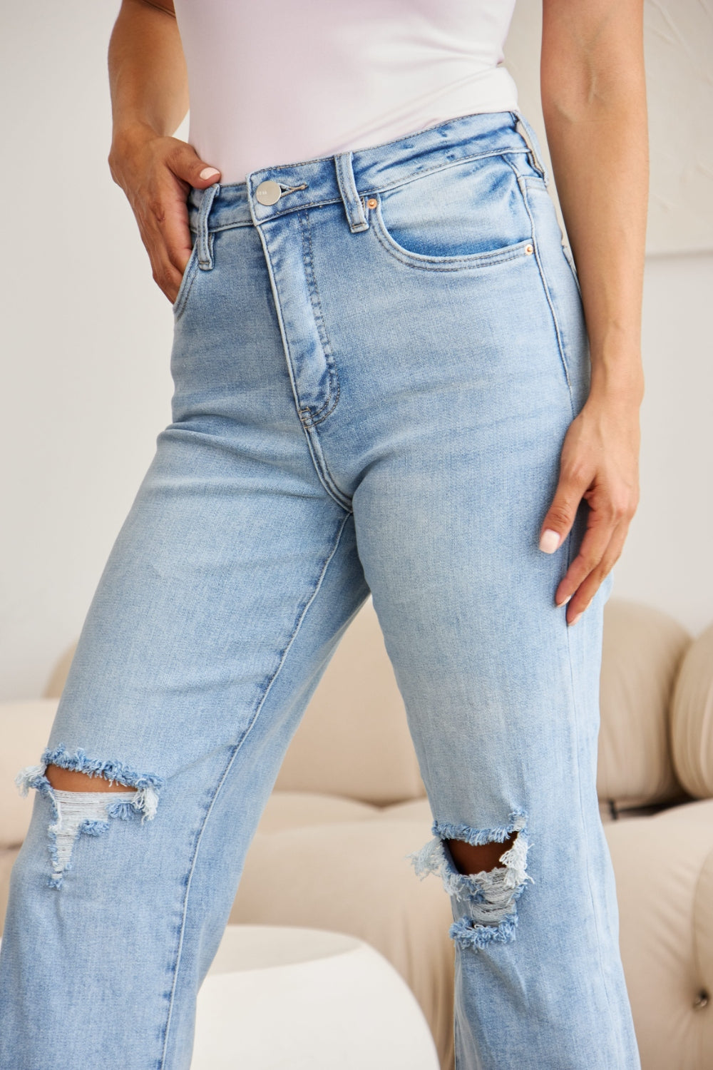 RFM Full Size Tummy Control High Waist Raw Hem Distressed Jeans - The Goddess Galleries