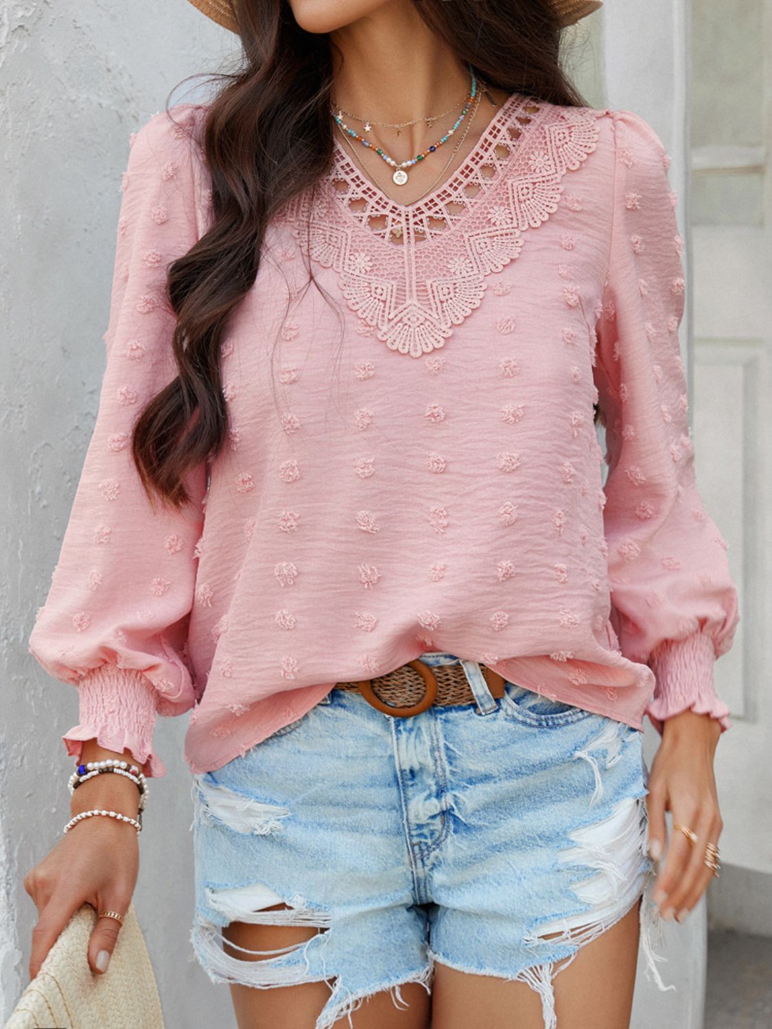 Devine Swiss Dot Lace Detail V-Neck Long Sleeve Blouse - The Goddess Galleries