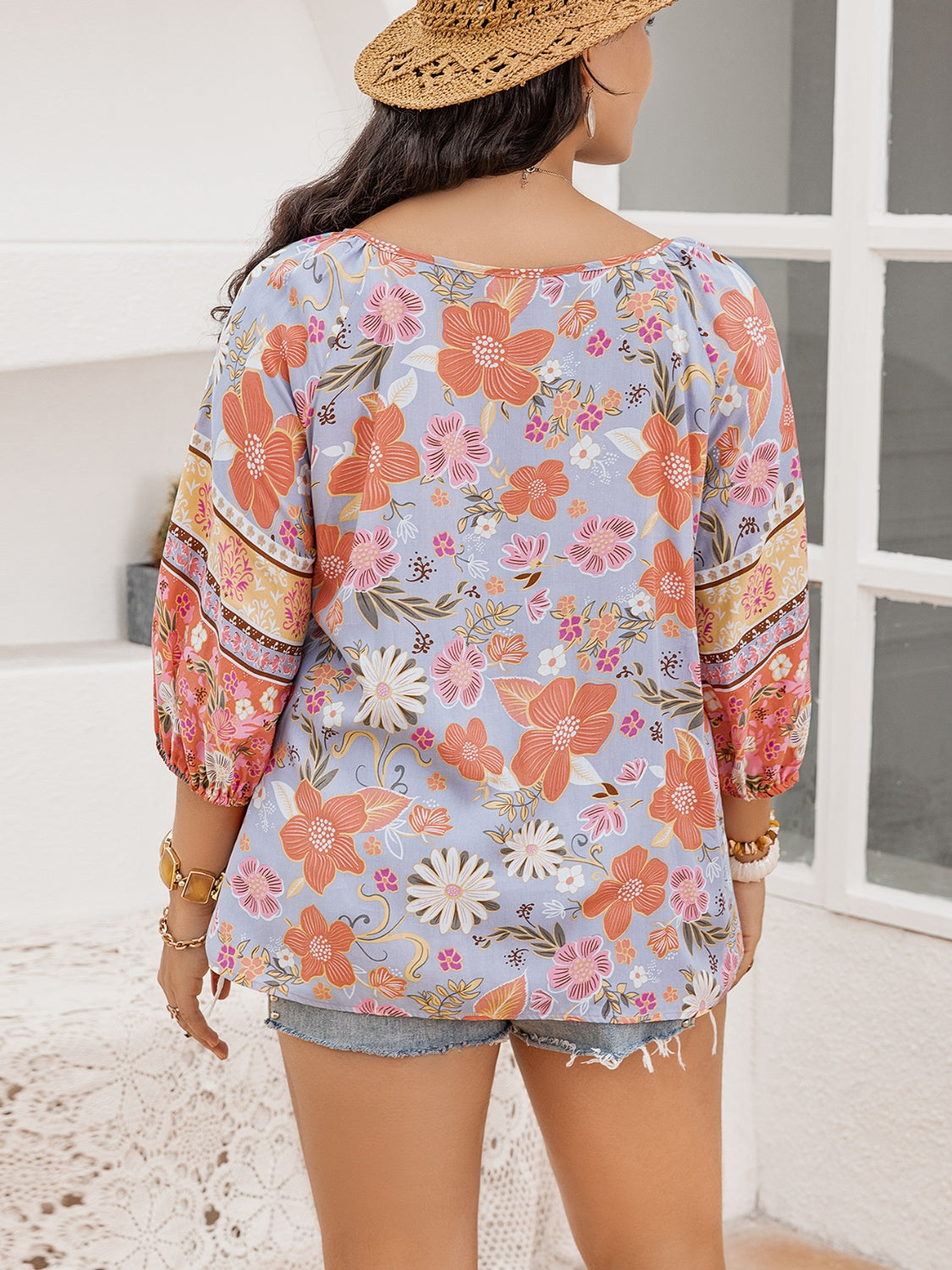 Plus Size Printed Tie Neck Balloon Sleeve Blouse - The Goddess Galleries
