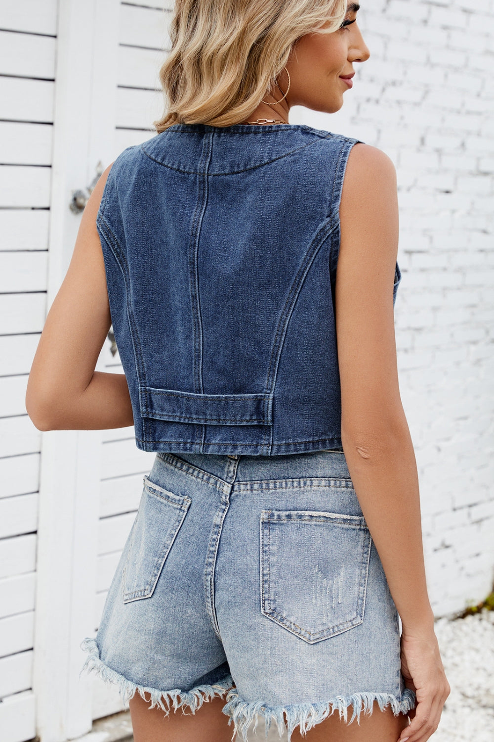Button Down V-Neck Denim Vest - The Goddess Galleries