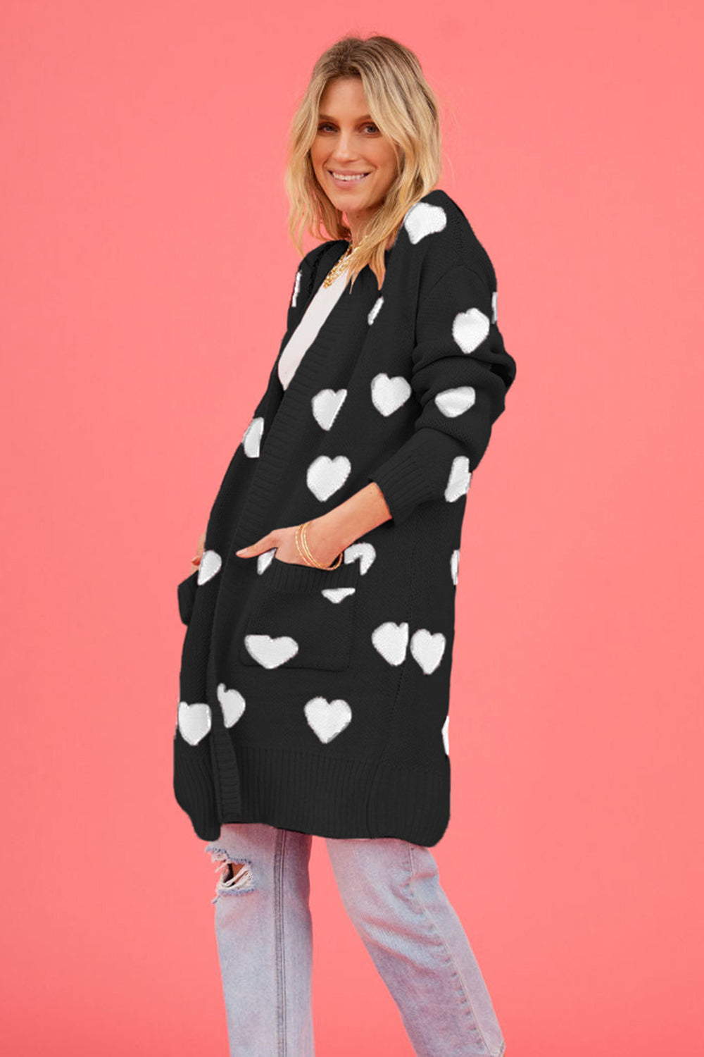 Heart Graphic Open Front Cardigan with Pockets - The Goddess Galleries