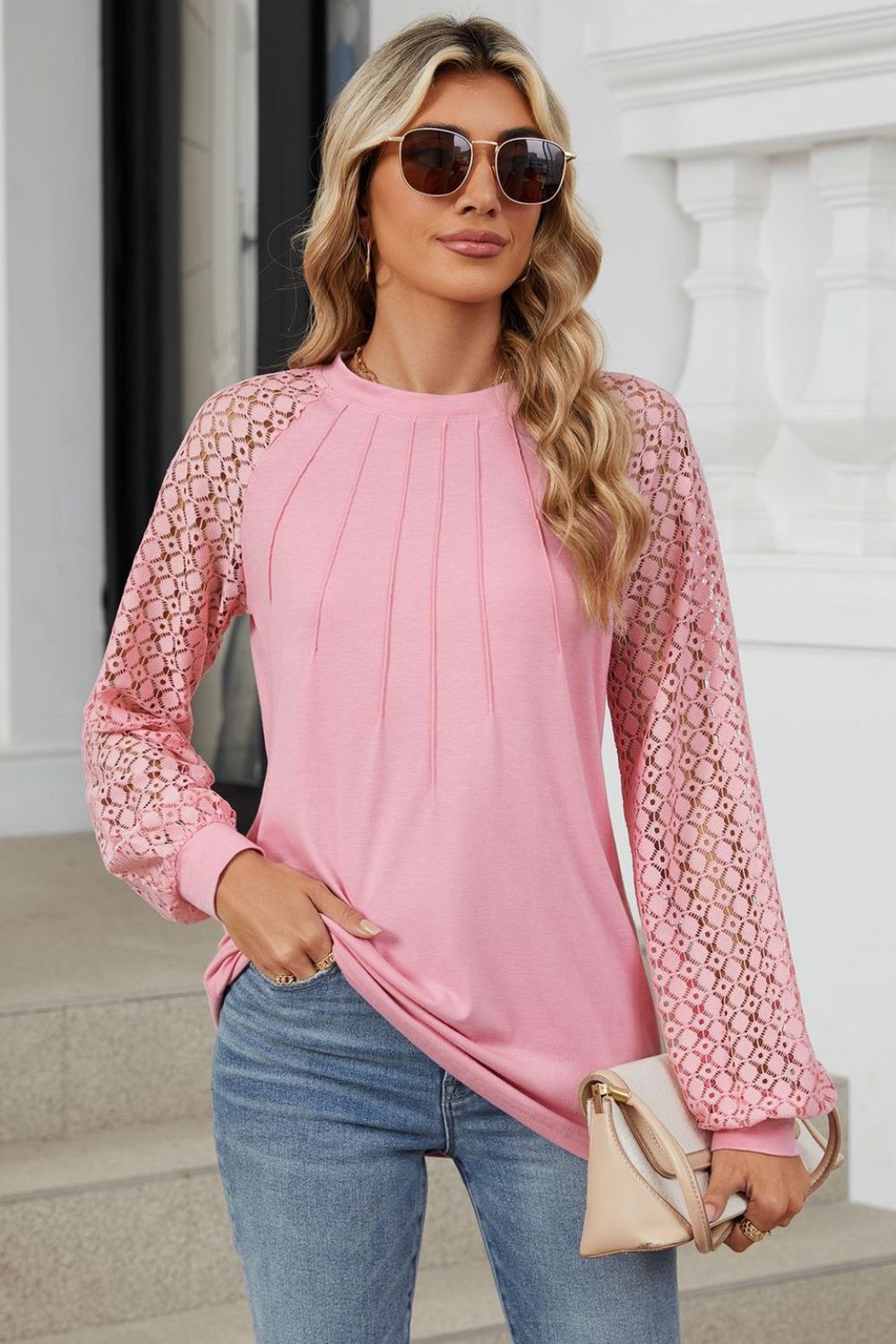 Round Neck Lace Long Sleeve Top - The Goddess Galleries