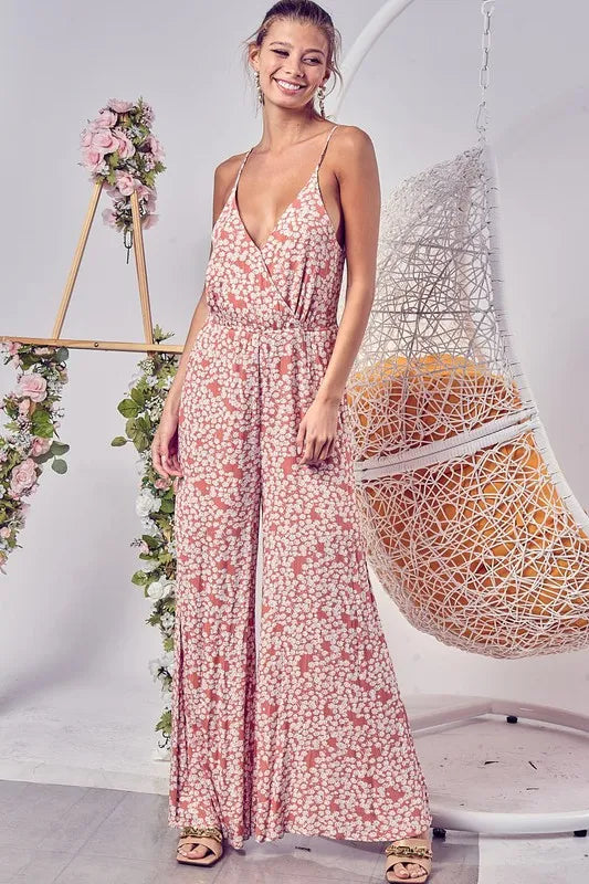 BiBi Floral Print Cirnkled Gauze Spaghetti Strap Jumpsuit - The Goddess Galleries