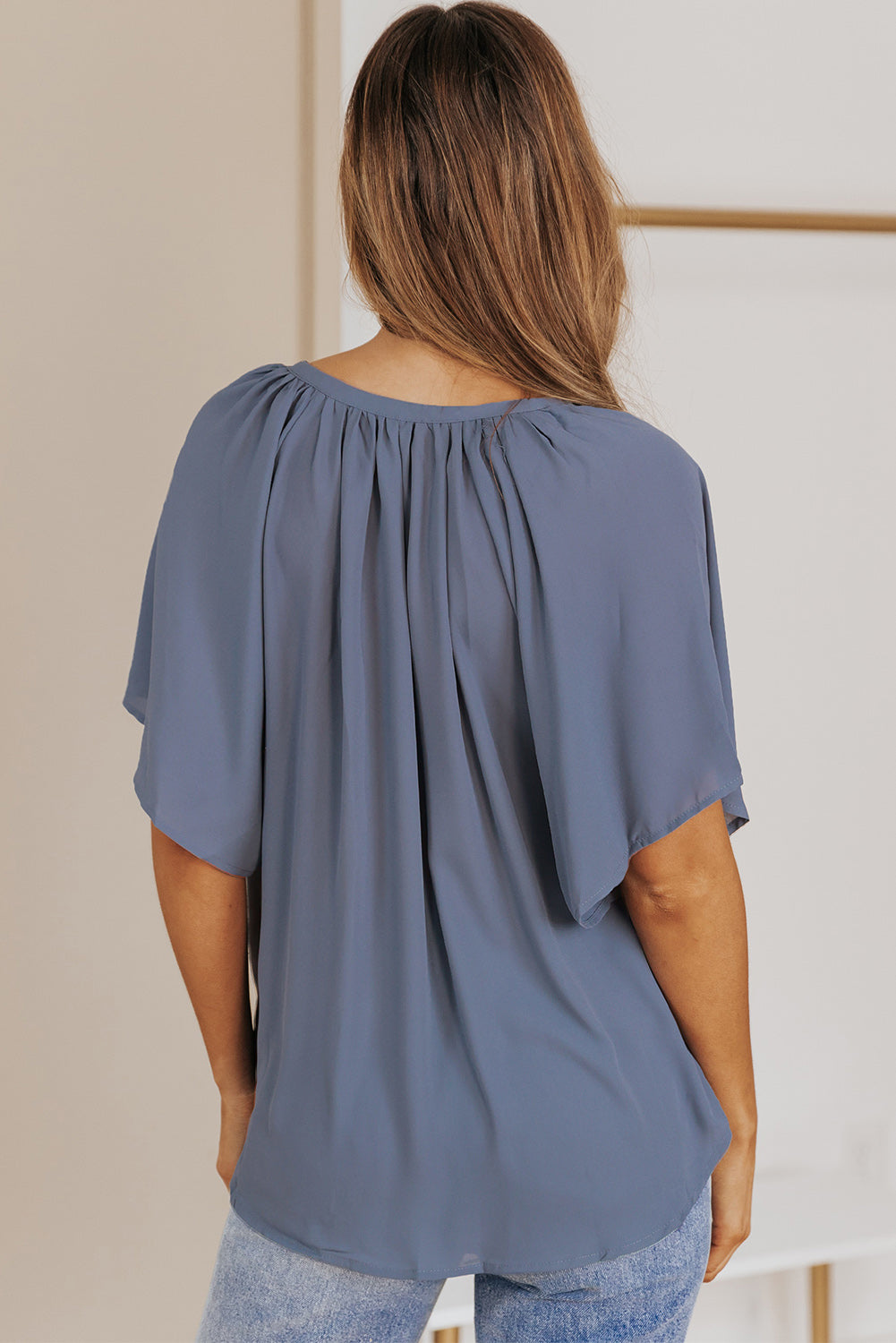 Gathered Detail Notched Neck Flutter Sleeve Top - The Goddess Galleries