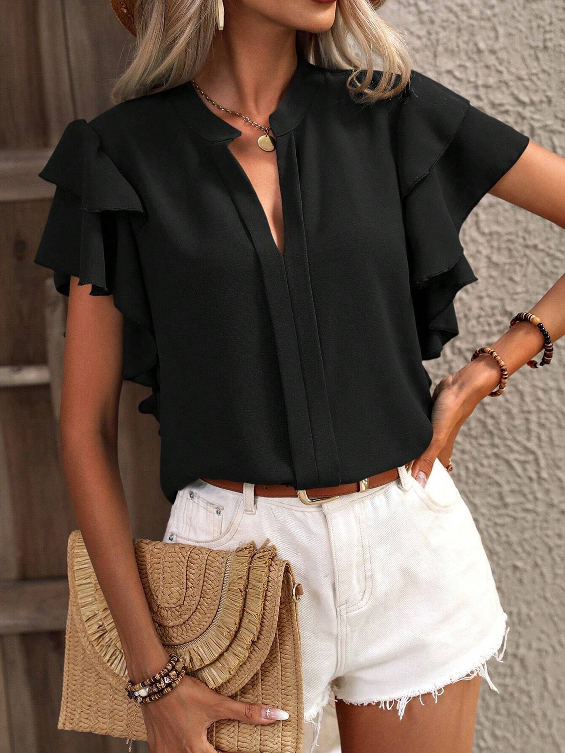 Ruffled Notched Short Sleeve Blouse - The Goddess Galleries