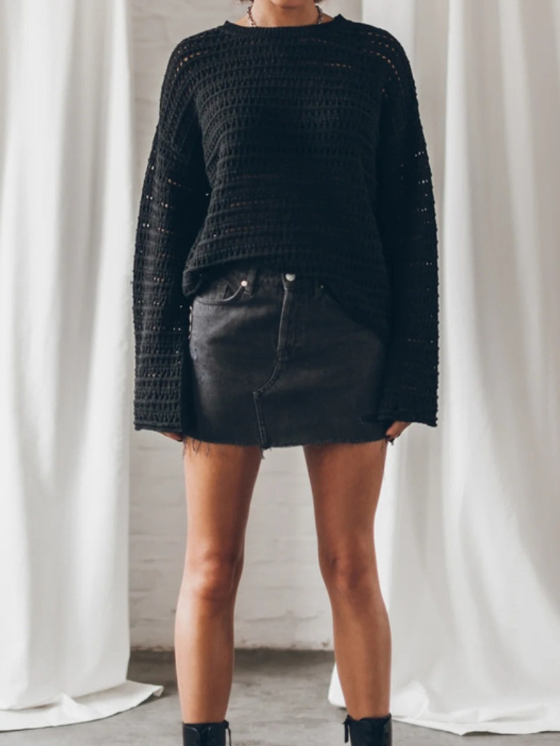 Openwork Round Neck Dropped Shoulder Knit Top - The Goddess Galleries