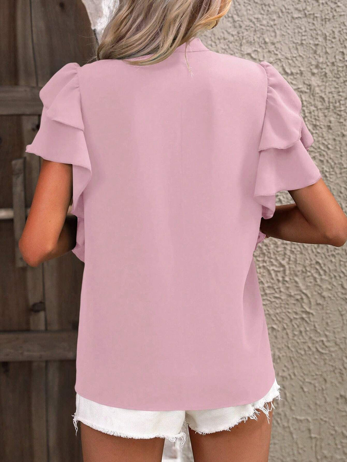 Ruffled Notched Short Sleeve Blouse - The Goddess Galleries
