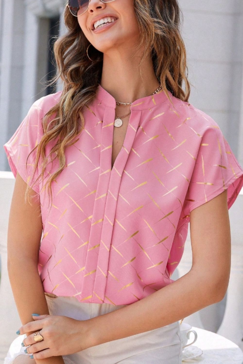 Printed Notched Short Sleeve Blouse - The Goddess Galleries