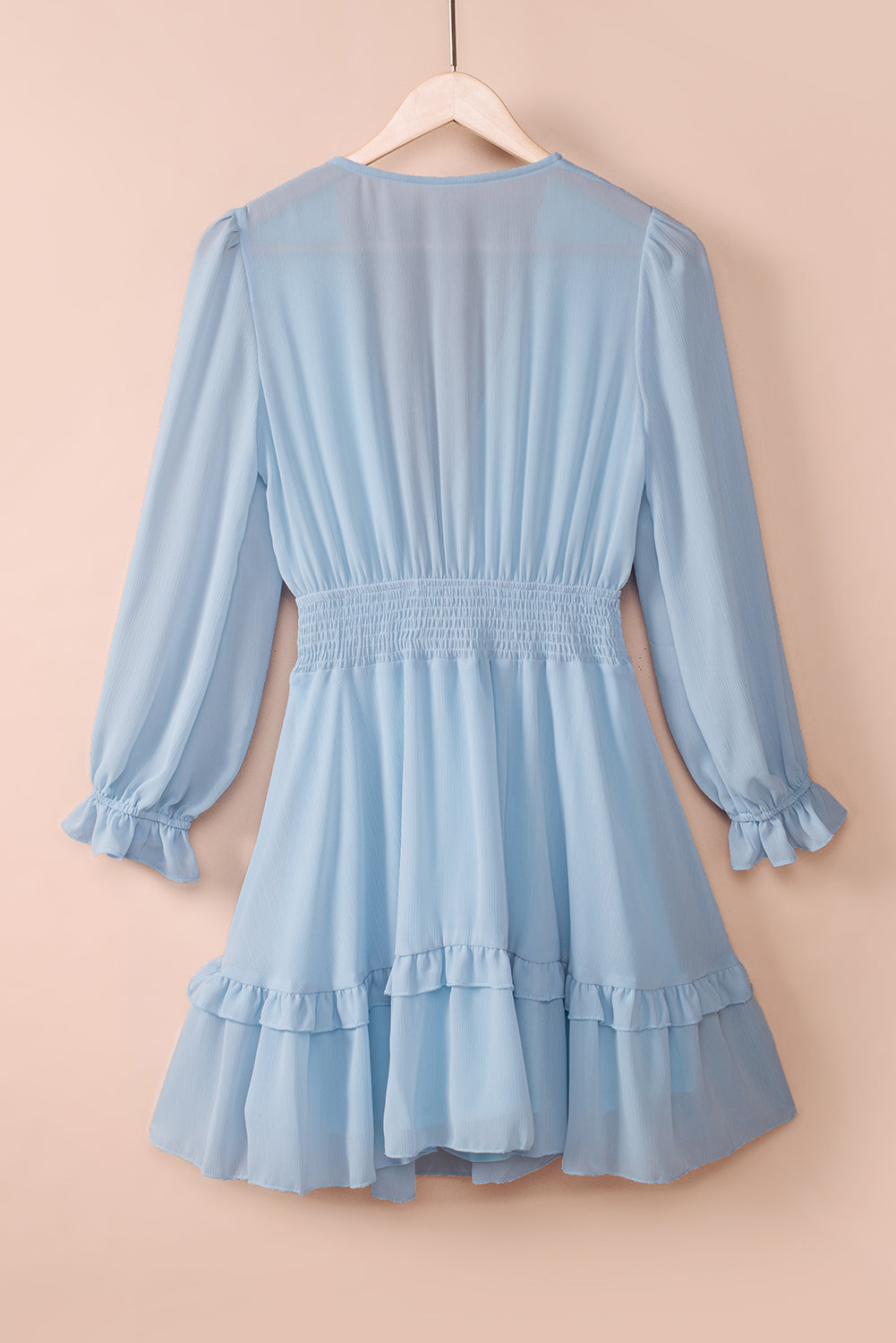 Tied Plunge Smocked Waist Flounce Sleeve Dress - The Goddess Galleries