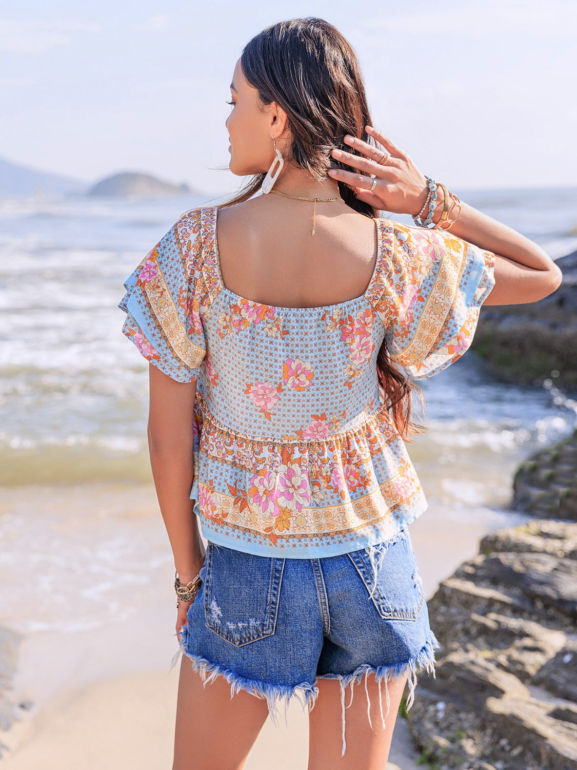 Printed Sweetheart Neck Layered Short Sleeve Blouse - The Goddess Galleries