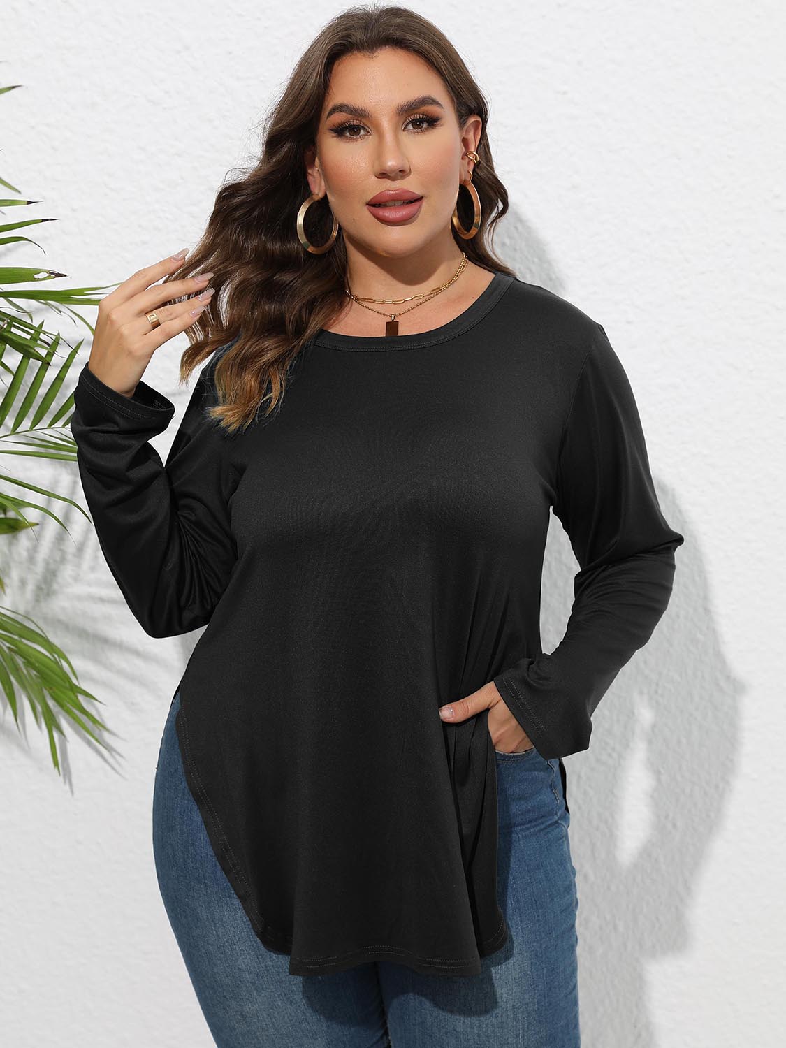 Plus Size Round Neck Long Sleeve Slit T-Shirt - The Goddess Galleries