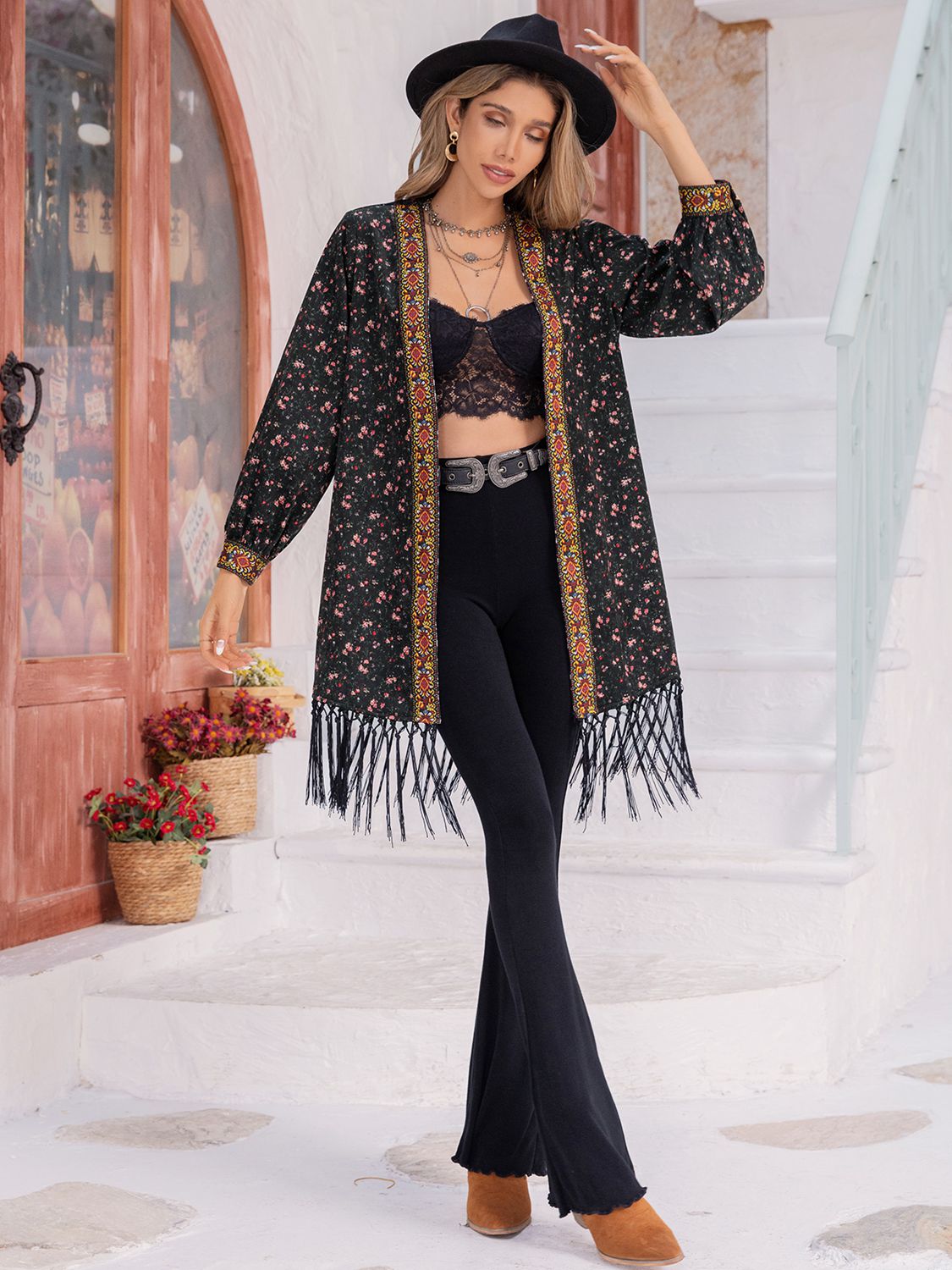 Printed Fringe Detail Cardigan - The Goddess Galleries