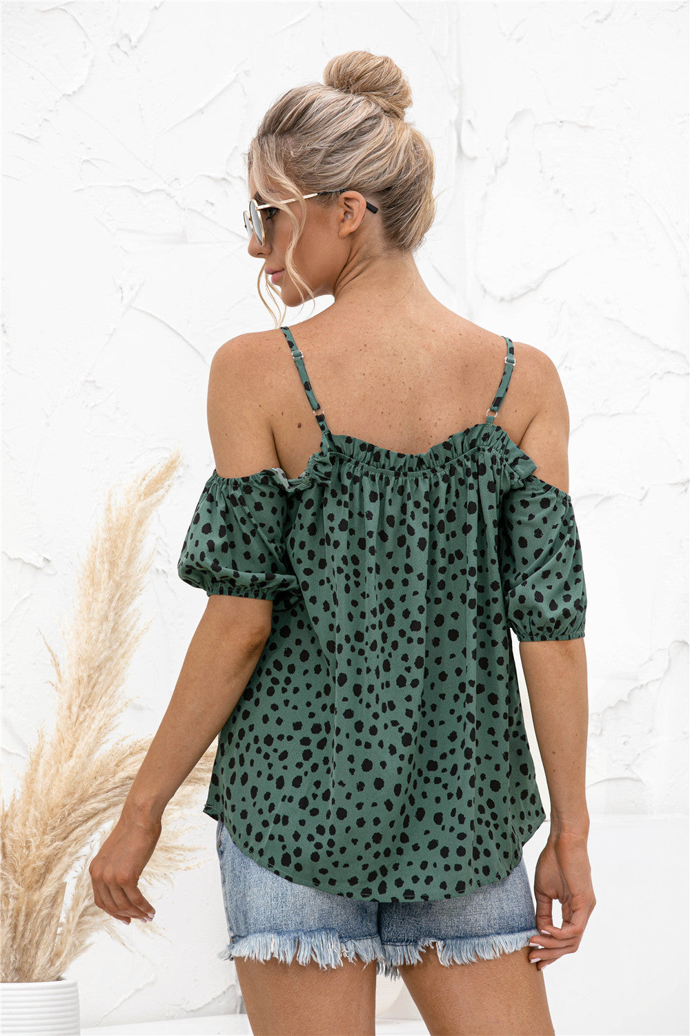 Printed Cold-Shoulder Frill Trim Blouse - The Goddess Galleries