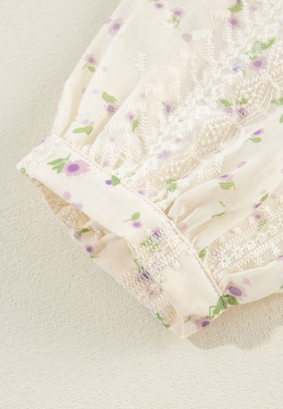 Frill Lace Detail Printed Tie Neck Long Sleeve Blouse - The Goddess Galleries