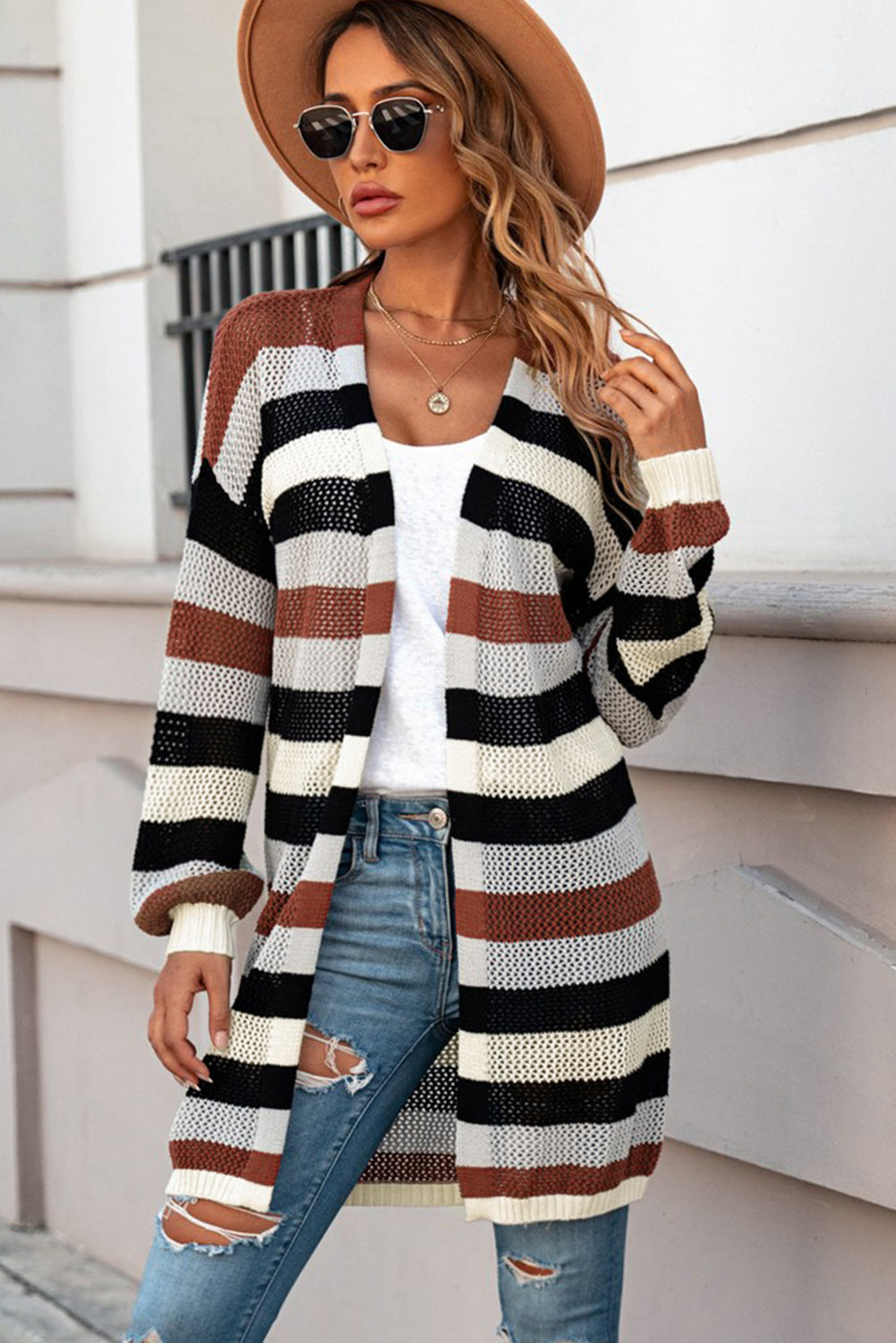Full Size Striped Long Sleeve Openwork Cardigan - The Goddess Galleries