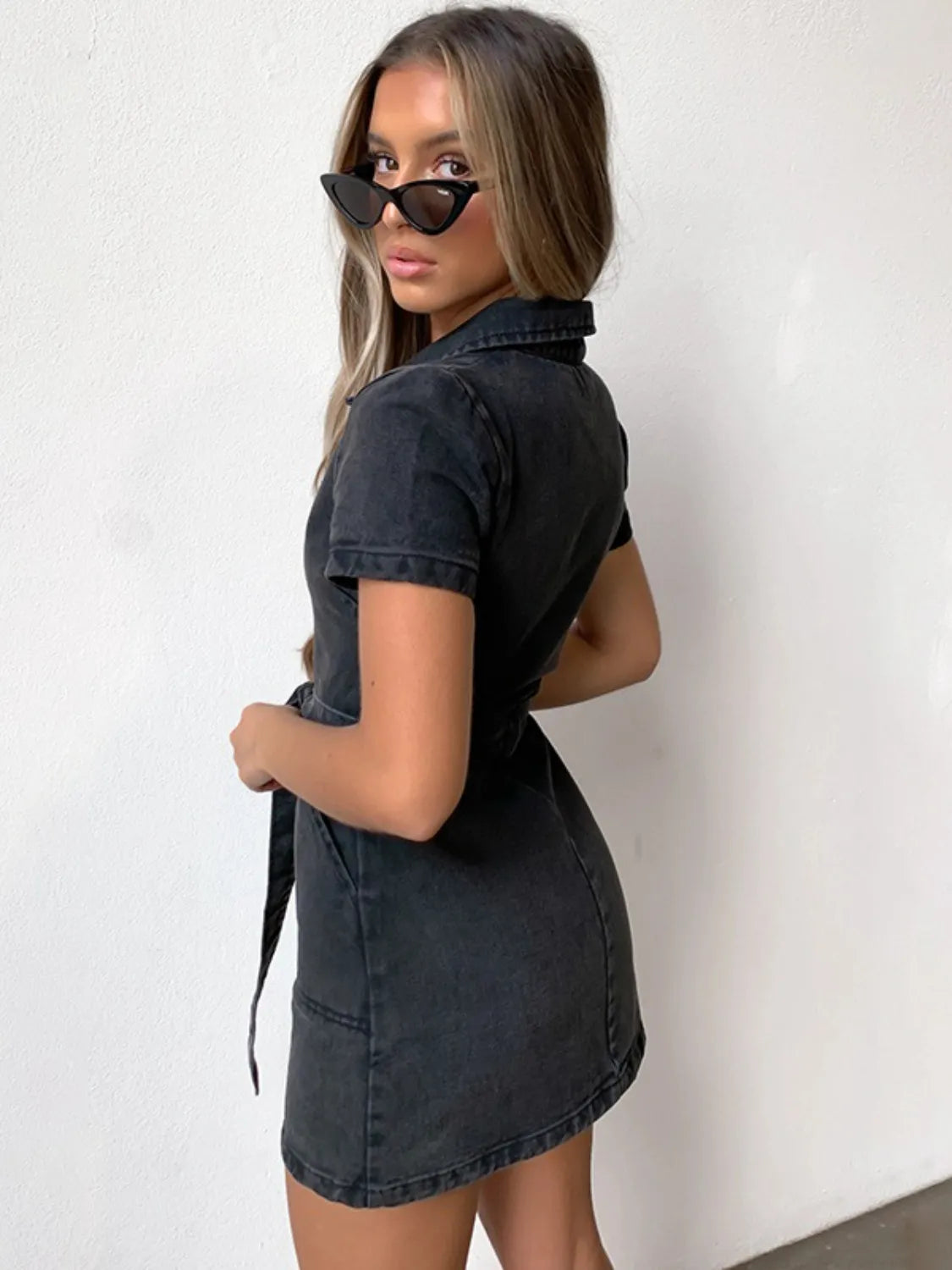 Full Size Zip Front Short Sleeve Denim Dress Plus Size - The Goddess Galleries