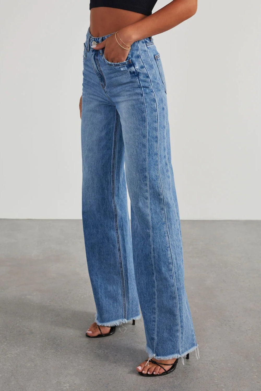 Raw Hem Wide Leg Jeans with Pockets - The Goddess Galleries