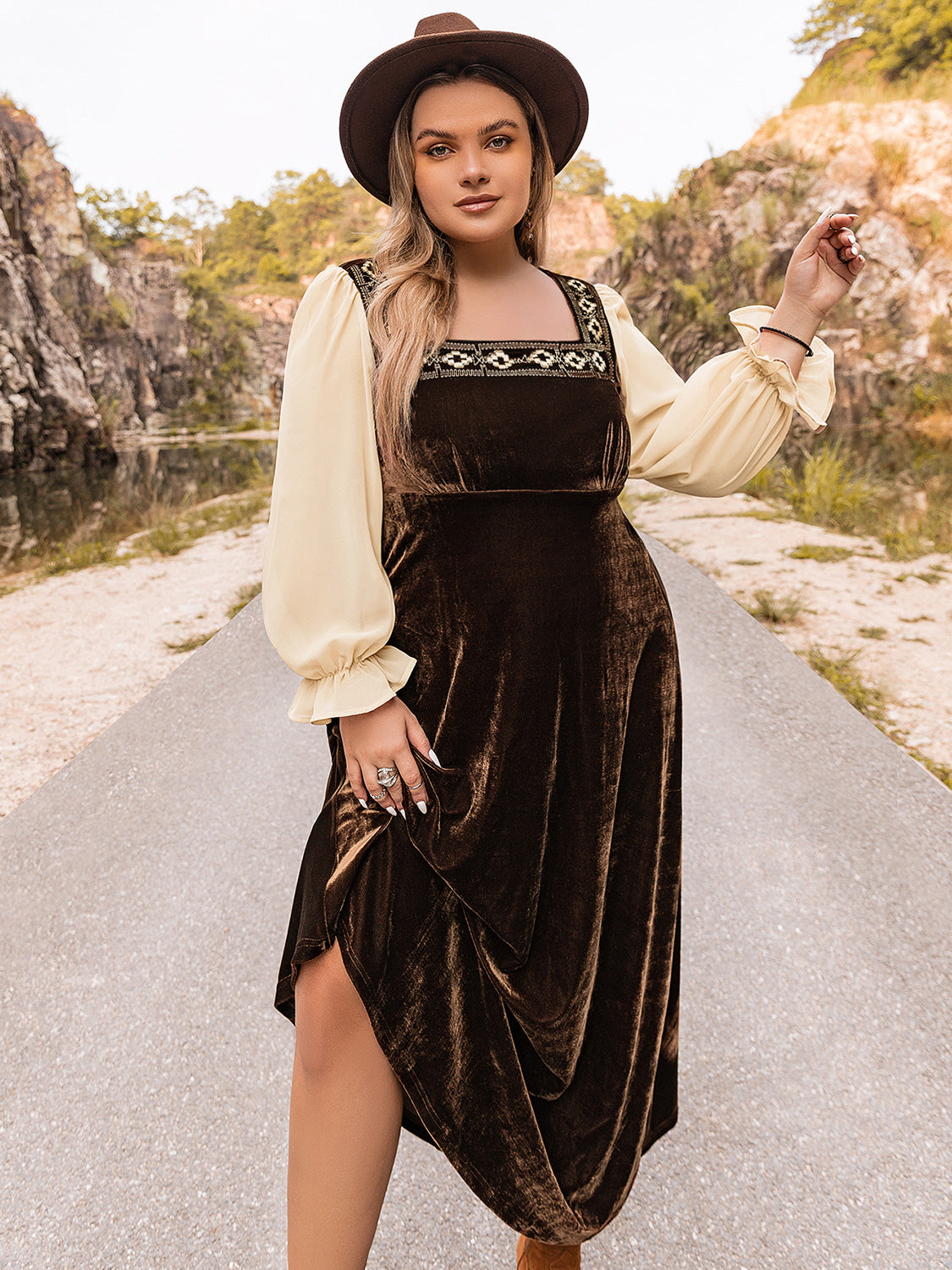 Plus Size Embroidered Square Neck Dress - The Goddess Galleries