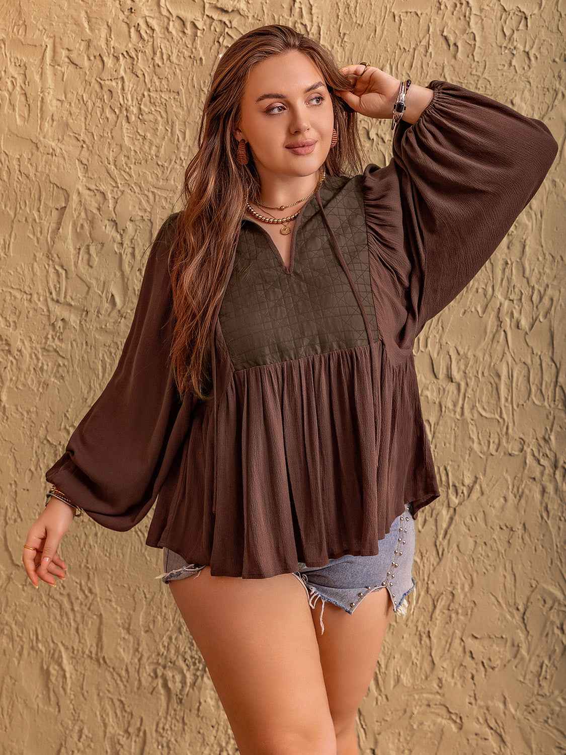 Plus Size Tie Neck Balloon Sleeve Blouse - The Goddess Galleries