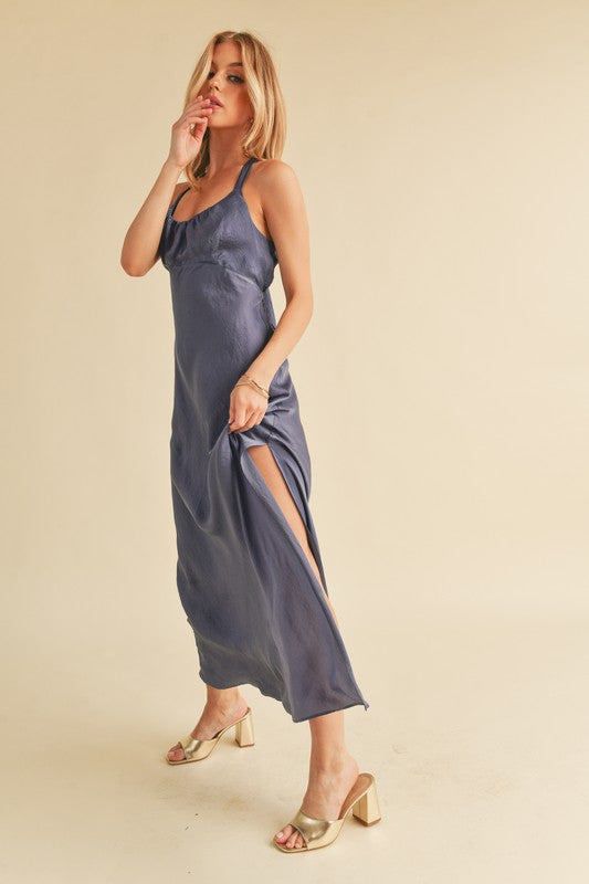 Aemi + Co Ruched Side Slit Cutout Back Maxi Cami Dress - The Goddess Galleries