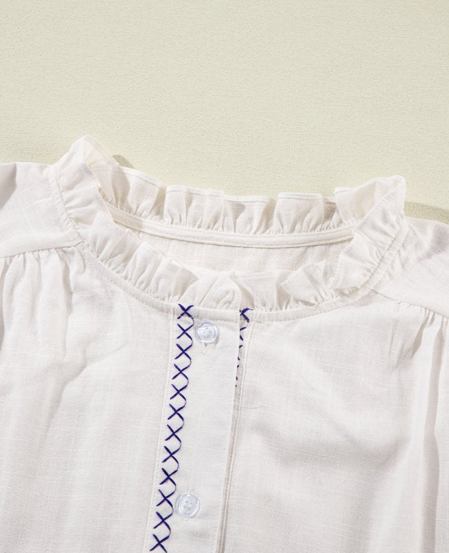 Frill Floral Embroidered Sleeve Shirt - The Goddess Galleries
