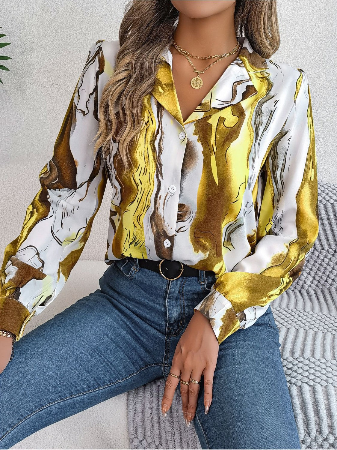 Printed Button Up Long Sleeve Shirt - The Goddess Galleries