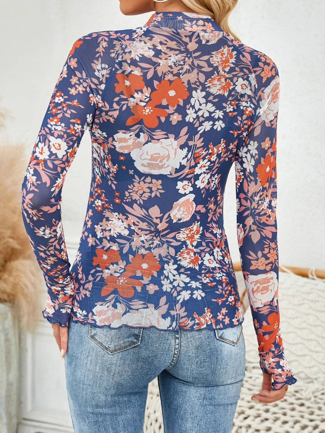 Floral Mock Neck Long Sleeve Top - The Goddess Galleries