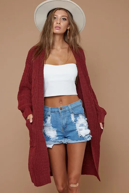 BiBi Cable-Knit Open Front Long Sleeve Cardigan - The Goddess Galleries