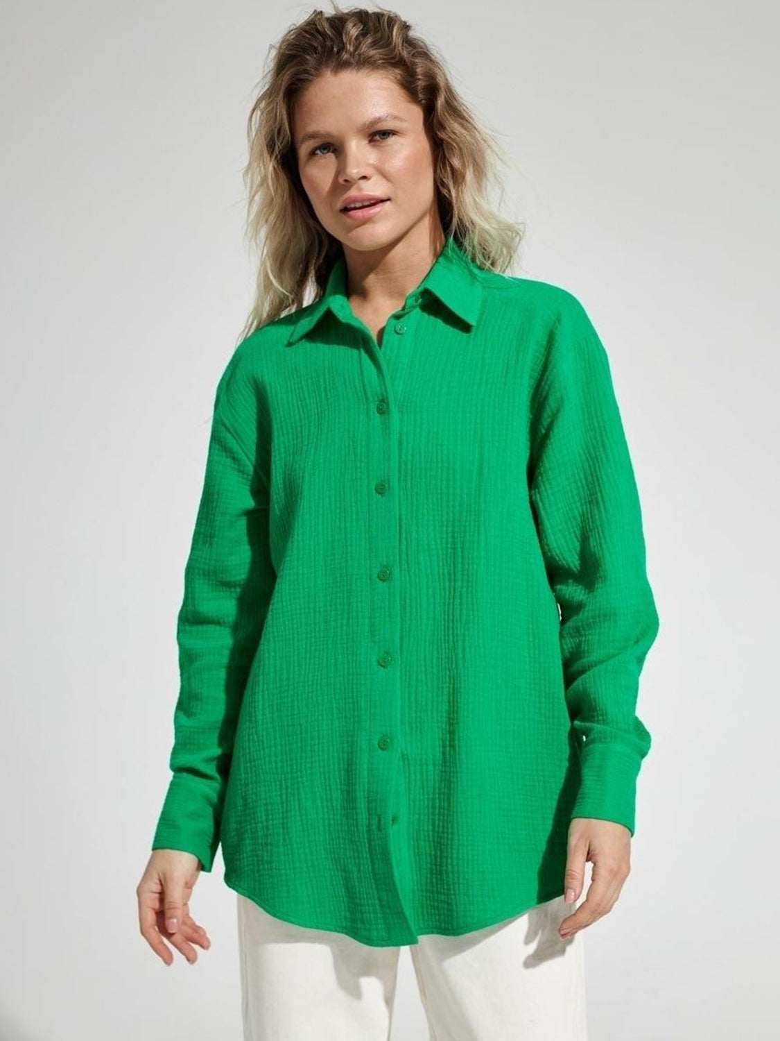 Textured Collared Neck Long Sleeve Shirt - The Goddess Galleries
