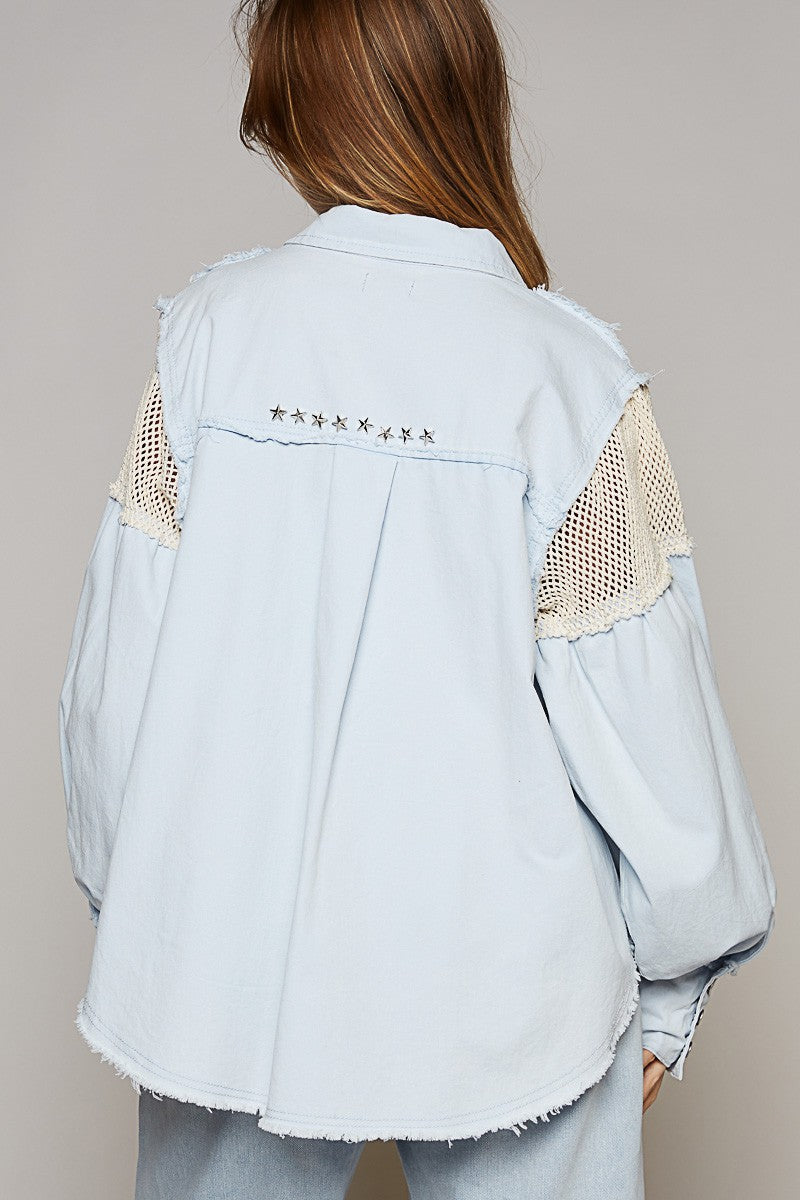 POL Crochet Contrast Button Down Star Studs Shirt - The Goddess Galleries