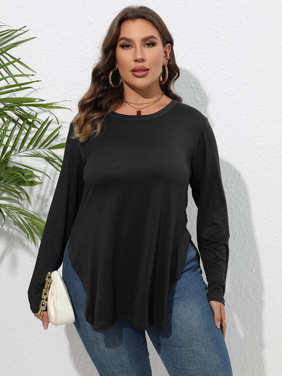 Plus Size Round Neck Long Sleeve Slit T-Shirt - The Goddess Galleries