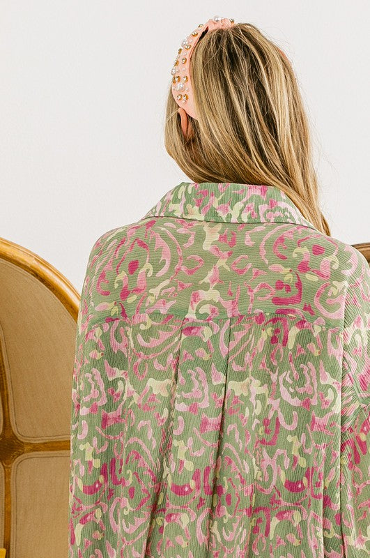 BiBi Abstract Leopard Pleated Back Drop Shoulder Shacket - The Goddess Galleries