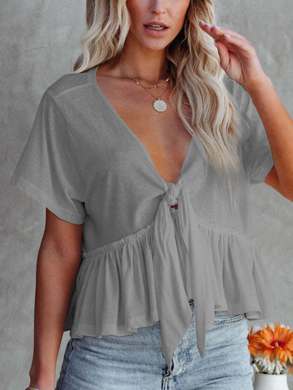 Tied Plunge Short Sleeve Blouse - The Goddess Galleries
