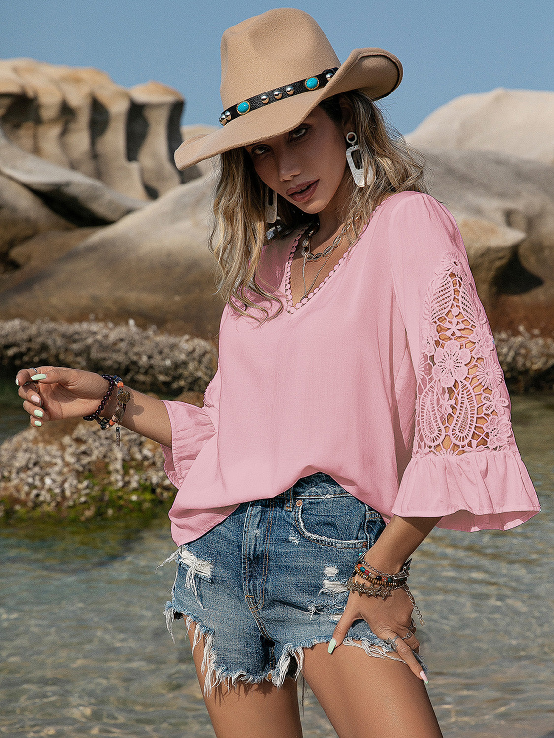 V-Neck Lace Flounce Sleeve Blouse - The Goddess Galleries