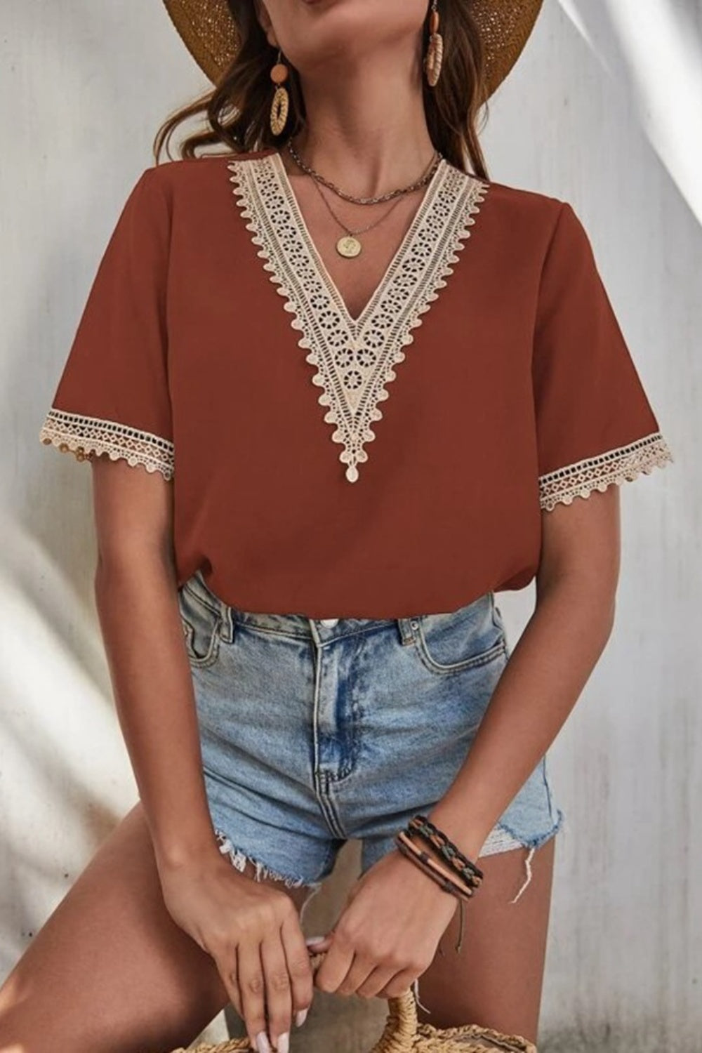 Full Size Lace Detail V-Neck Short Sleeve Blouse - The Goddess Galleries