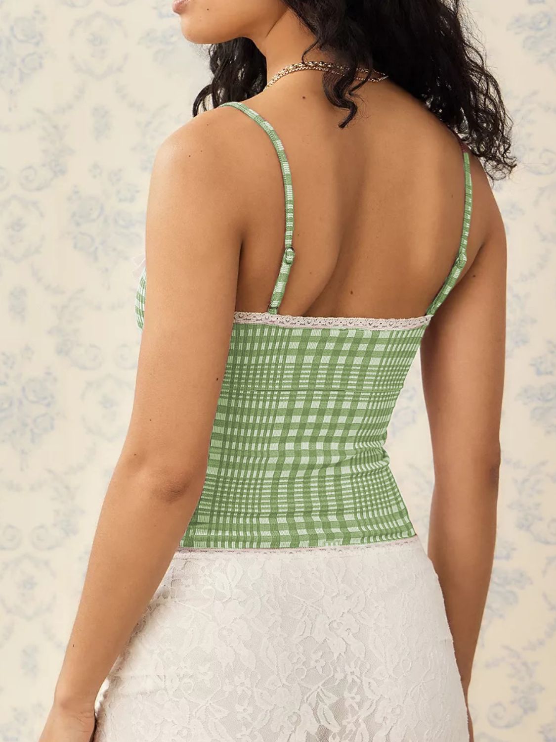 Lace Detail Plaid Square Neck Cami - The Goddess Galleries