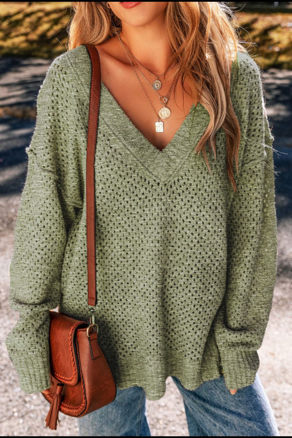 V-Neck Dropped Shoulder Long Sleeve Sweater - The Goddess Galleries