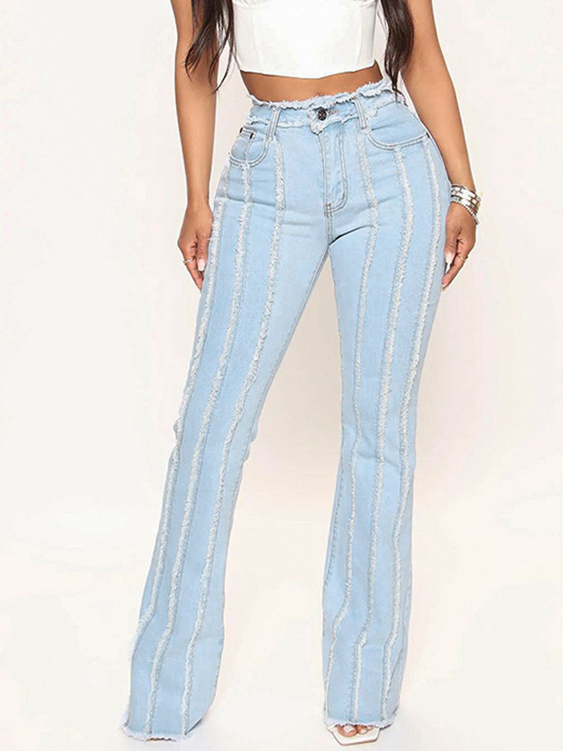 Striped Raw Hem Jeans - The Goddess Galleries