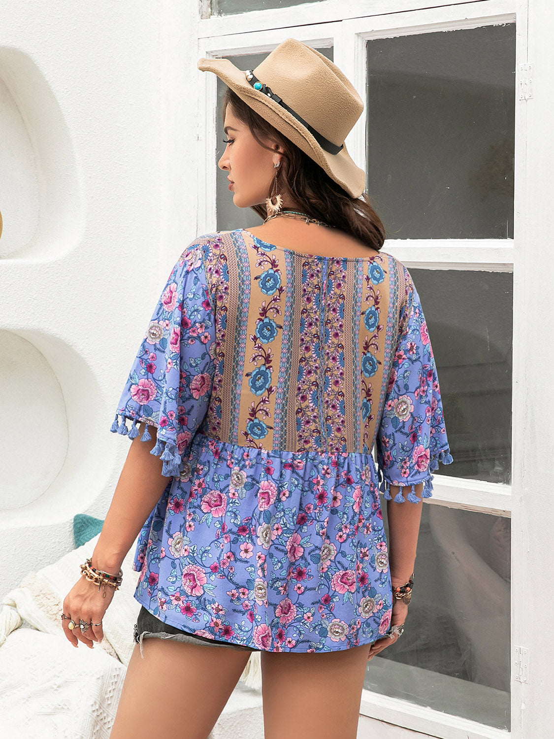 Plus Size Printed V-Neck Half Sleeve Blouse - The Goddess Galleries