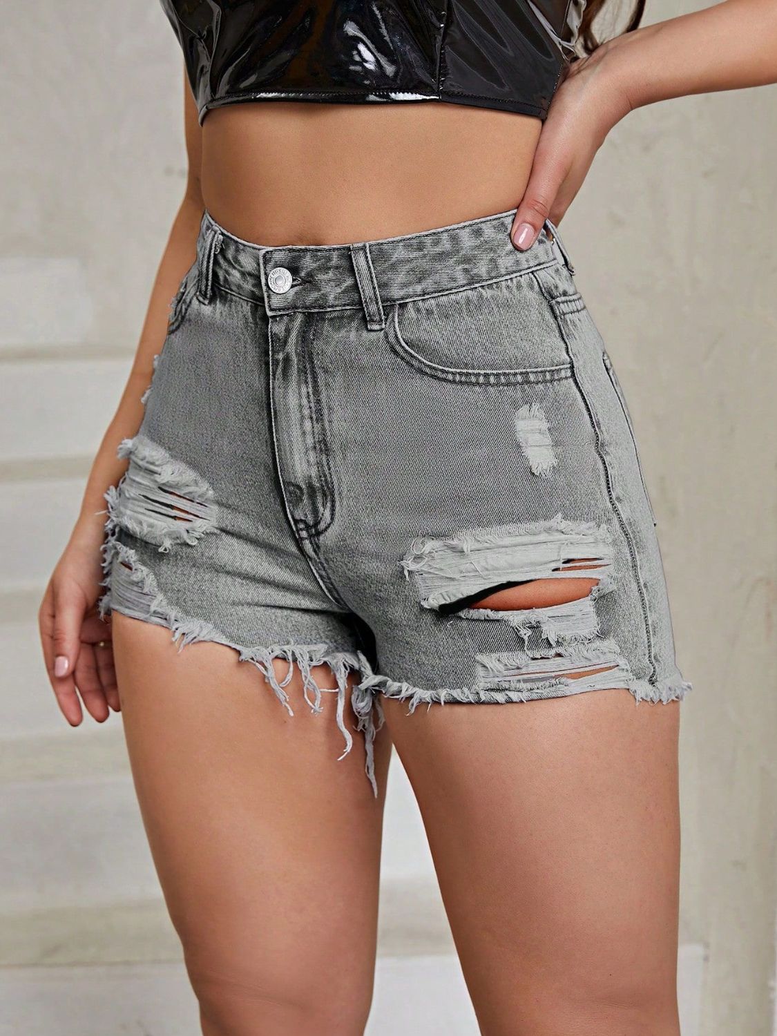 Distressed Raw Hem High Rise Denim Shorts - The Goddess Galleries