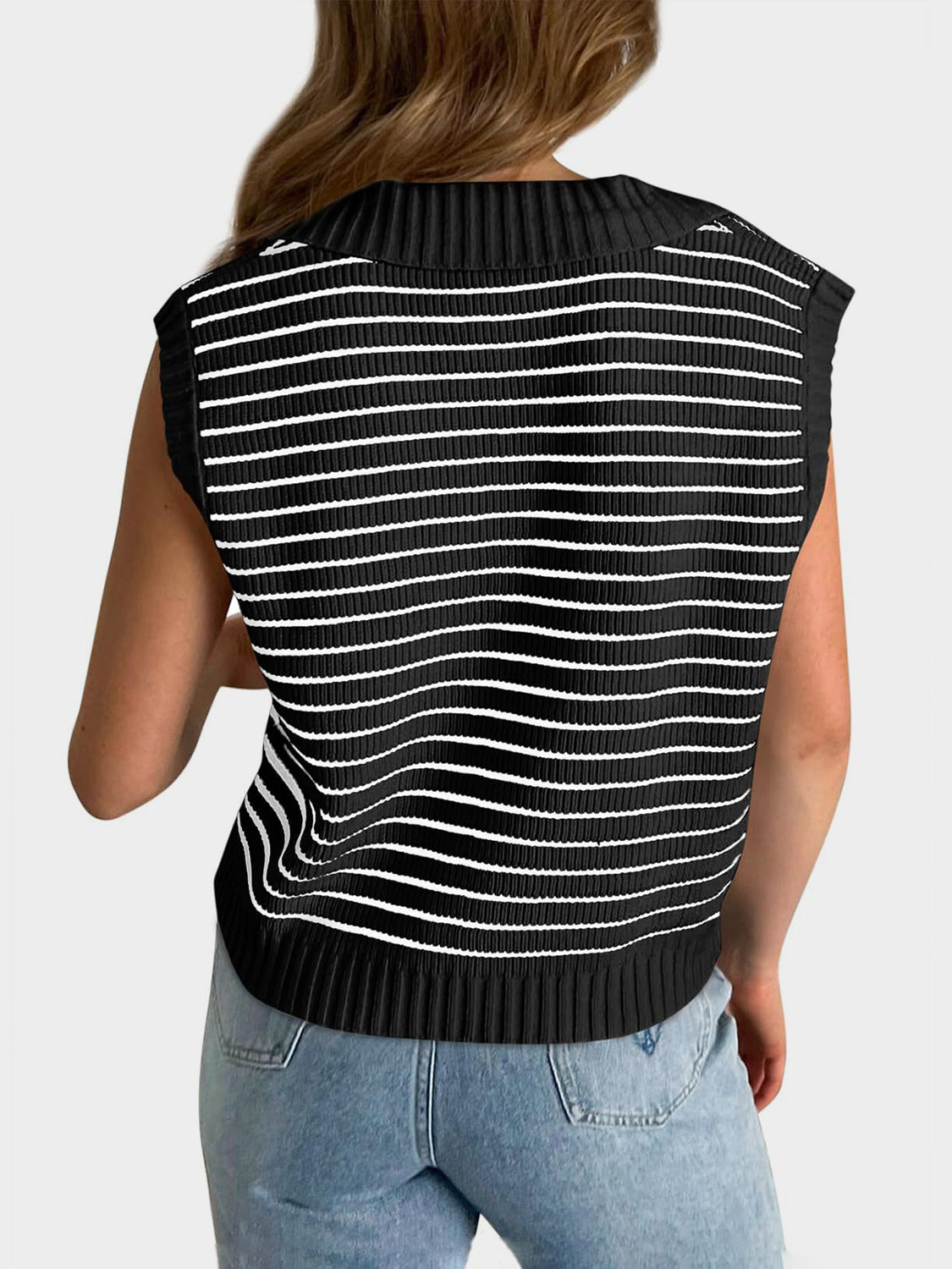 Mandy Collared Neck Striped Sweater Vest - The Goddess Galleries