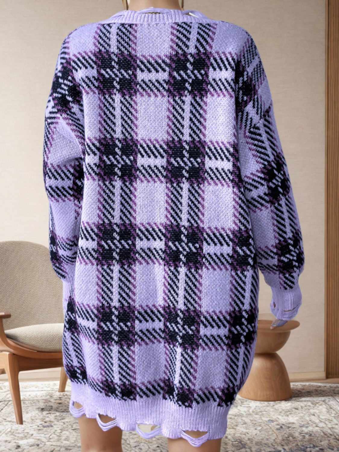 Distressed Plaid V-Neck Long Sleeve Sweater Dress - The Goddess Galleries