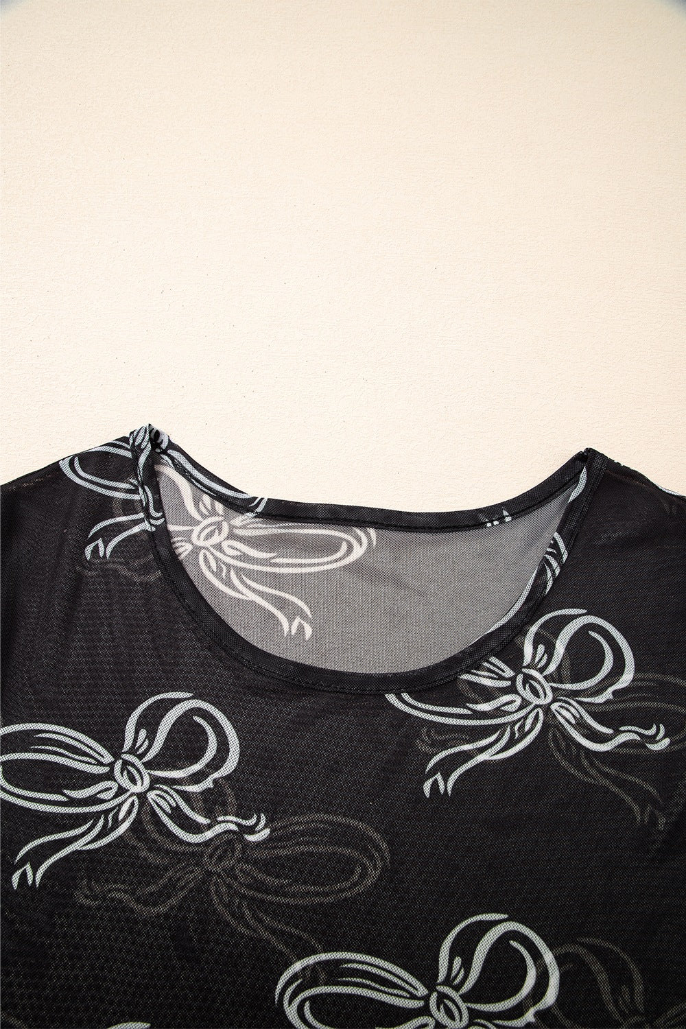 Bow Mesh Round Neck Short Sleeve T-Shirt - The Goddess Galleries