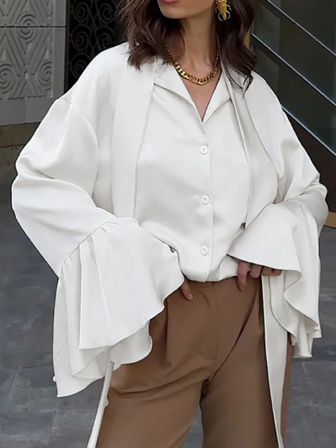 Button Down Flounce Sleeve Shirt - The Goddess Galleries