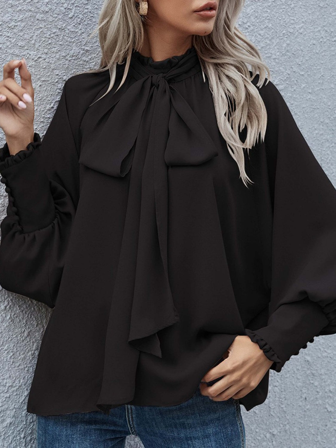 Tie Neck Lantern Sleeve Blouse - The Goddess Galleries