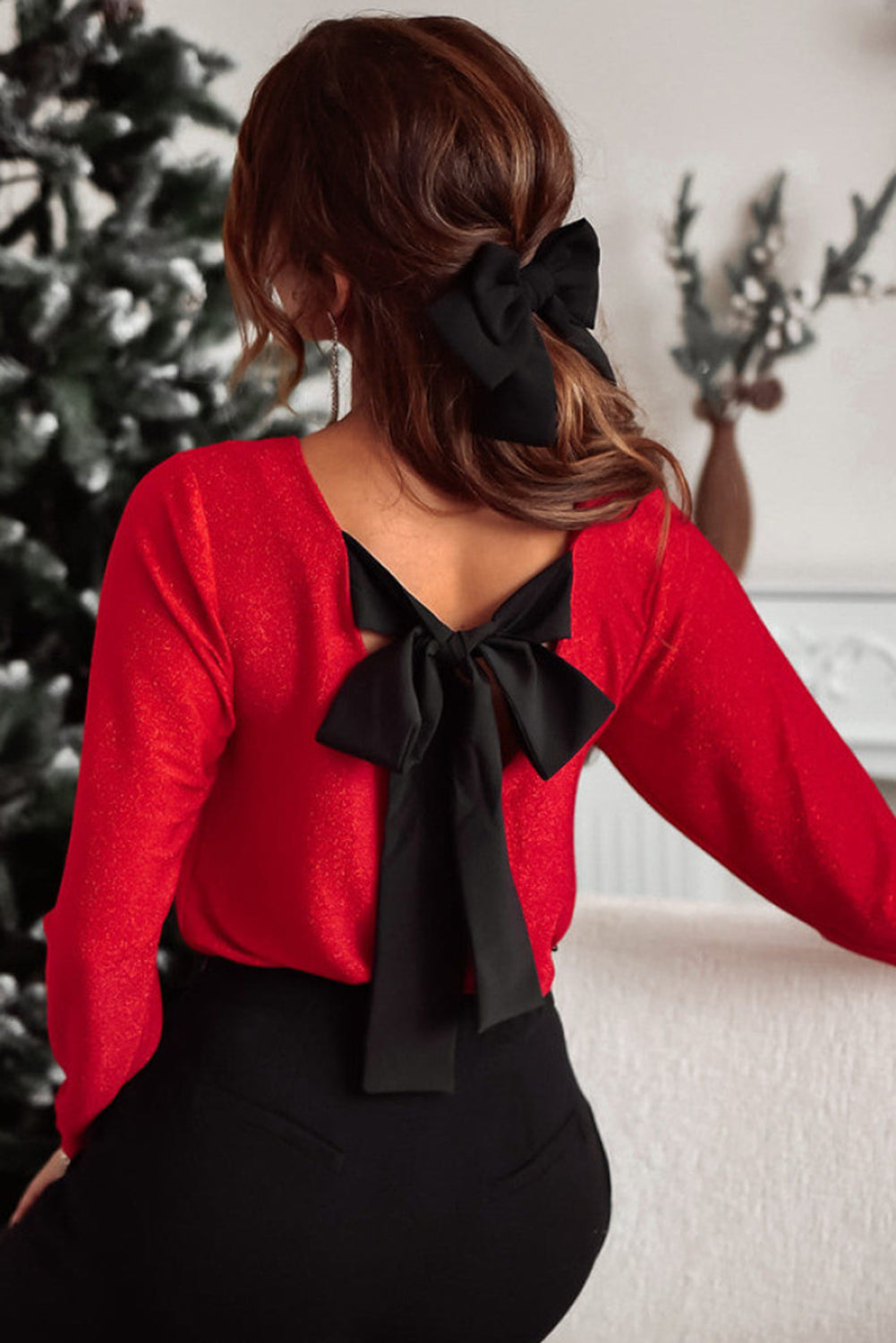 Bowknot V-Neck Long Sleeve Blouse - The Goddess Galleries